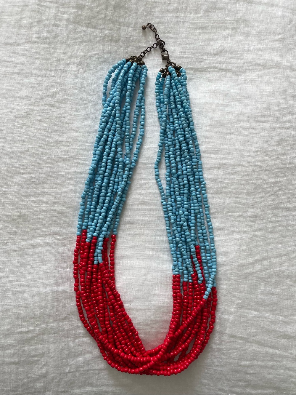 Red and Blue Beaded Statement Necklace - Two-Tone Design